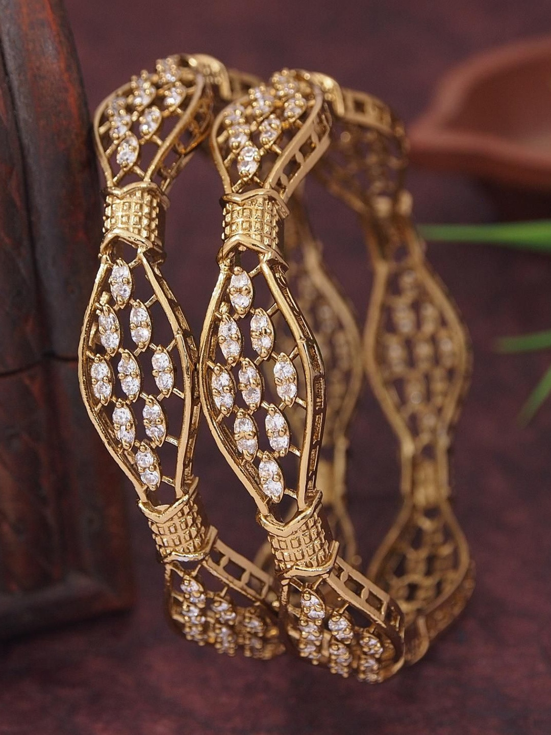 SGA FASHION Set of 2 Victorian-Plated with CZ Stones Studded Bangles