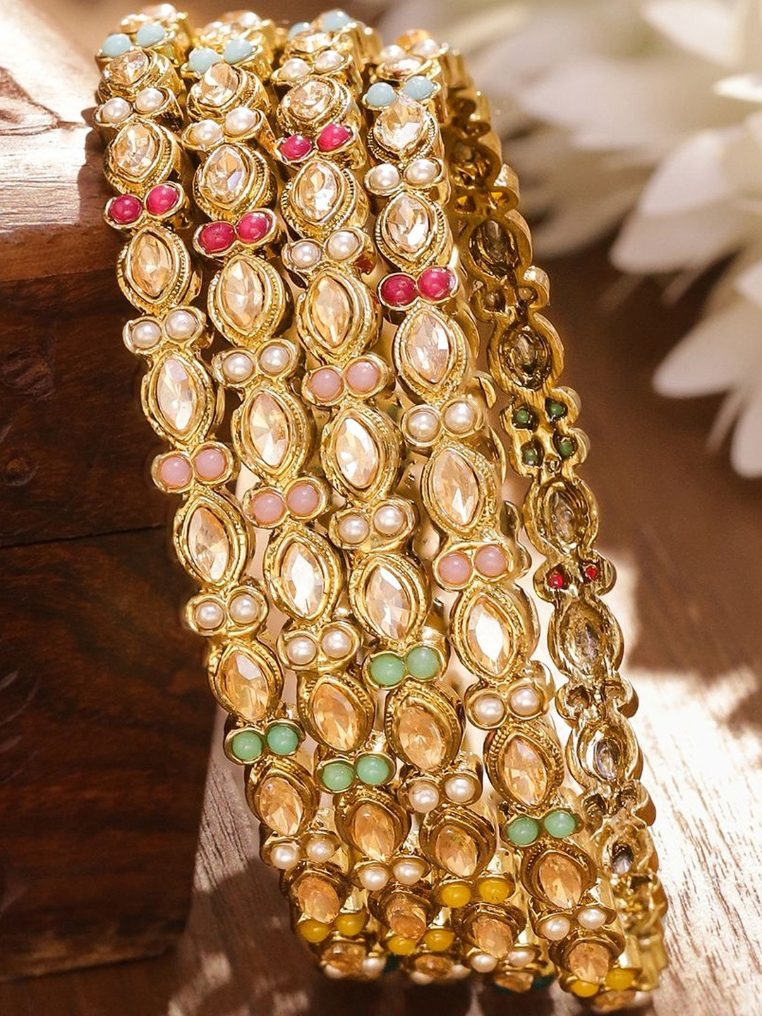 Rubans  Women Set of 4 Gold-Plated Brass Kundan & Pearl Handcrafted Bangles Set