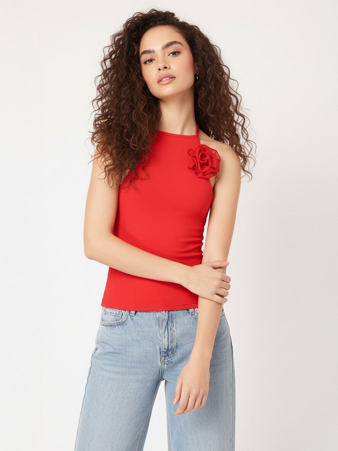 DressBerry Scarlet Statement Applique-Detail Halter Neck Top