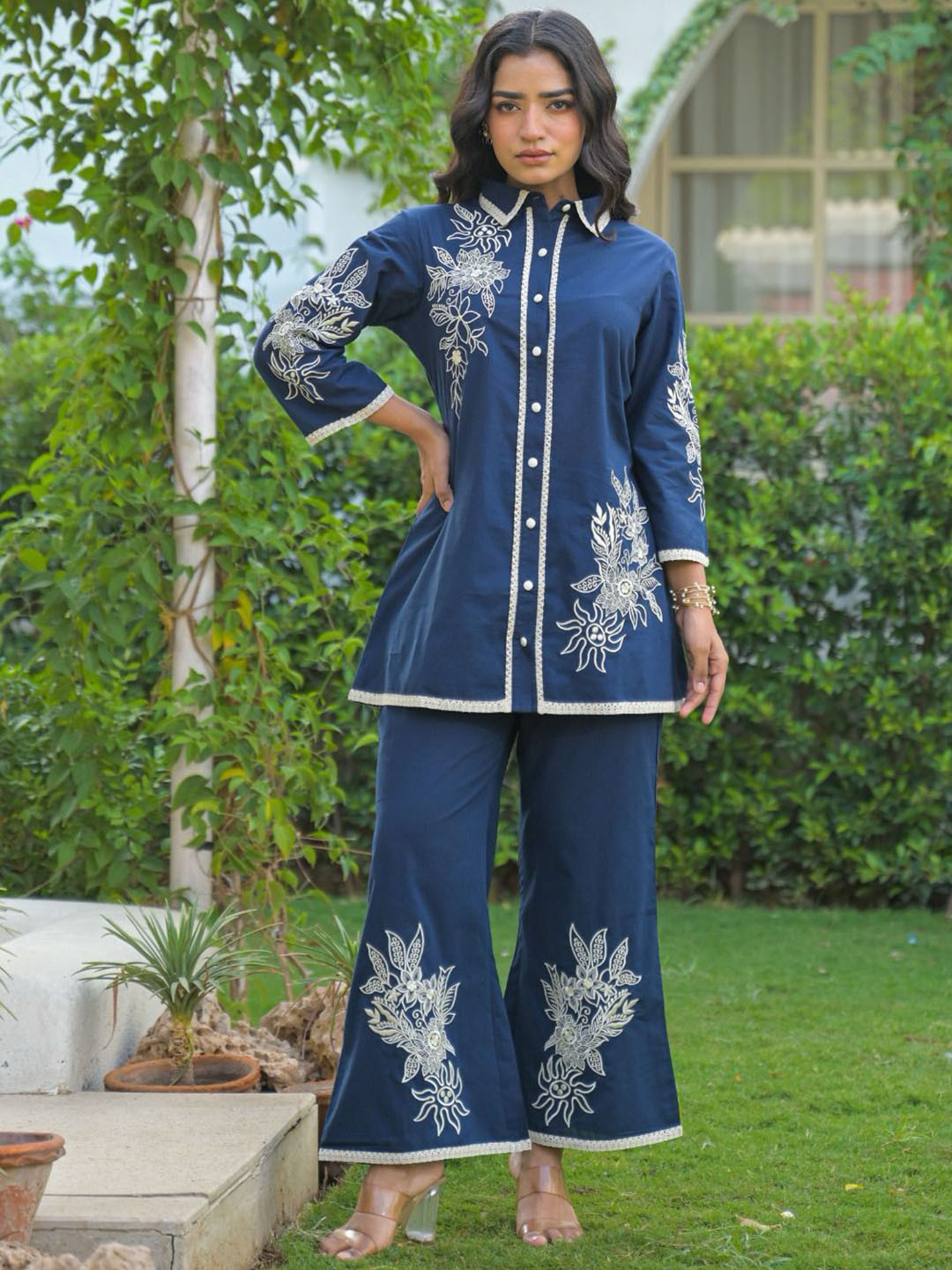 STYLESANG Embroidered Cotton Tunic With Trousers Co-Ords