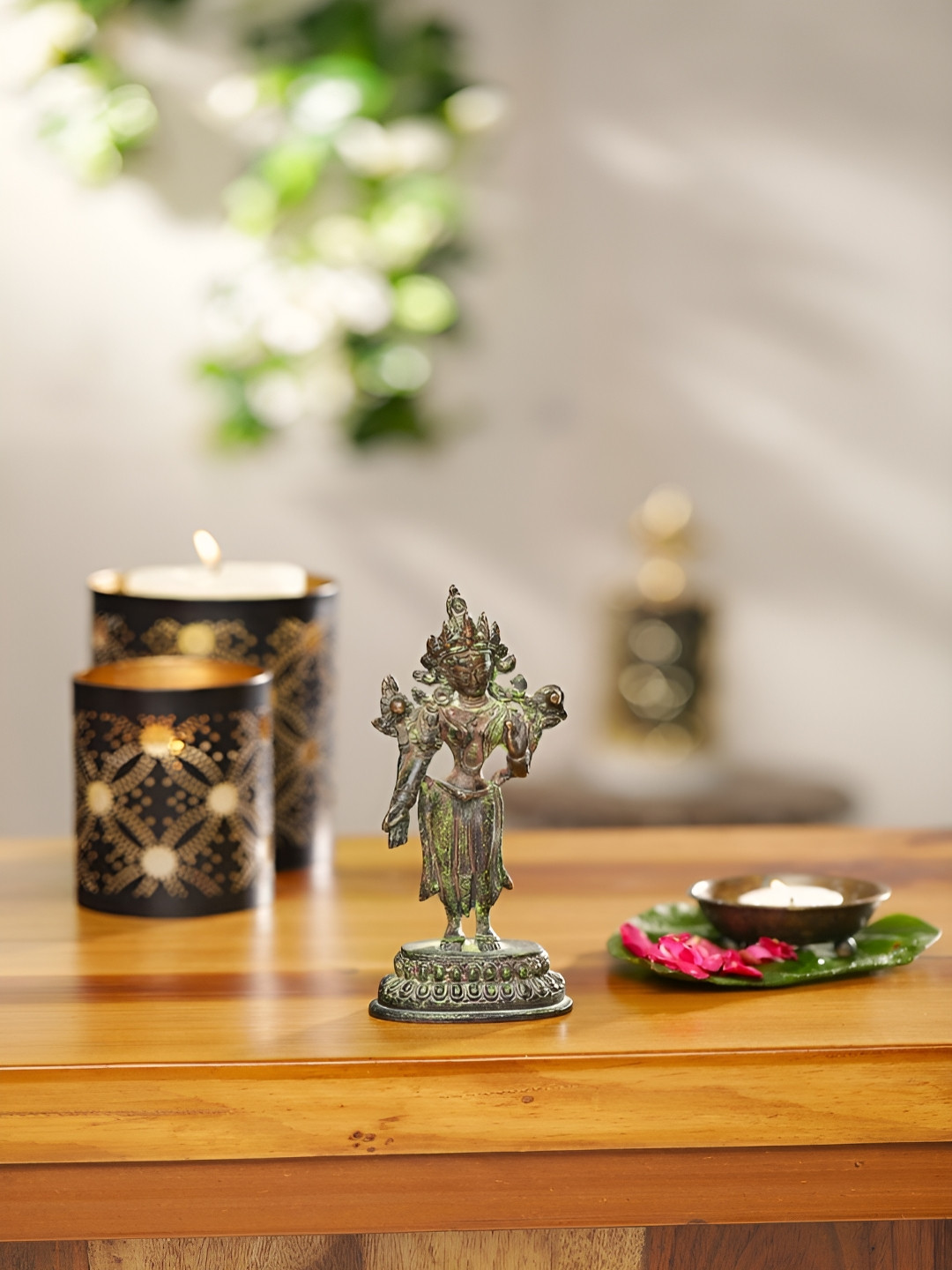 Revive Home Green & Brown Textured Tara Devi Showpieces