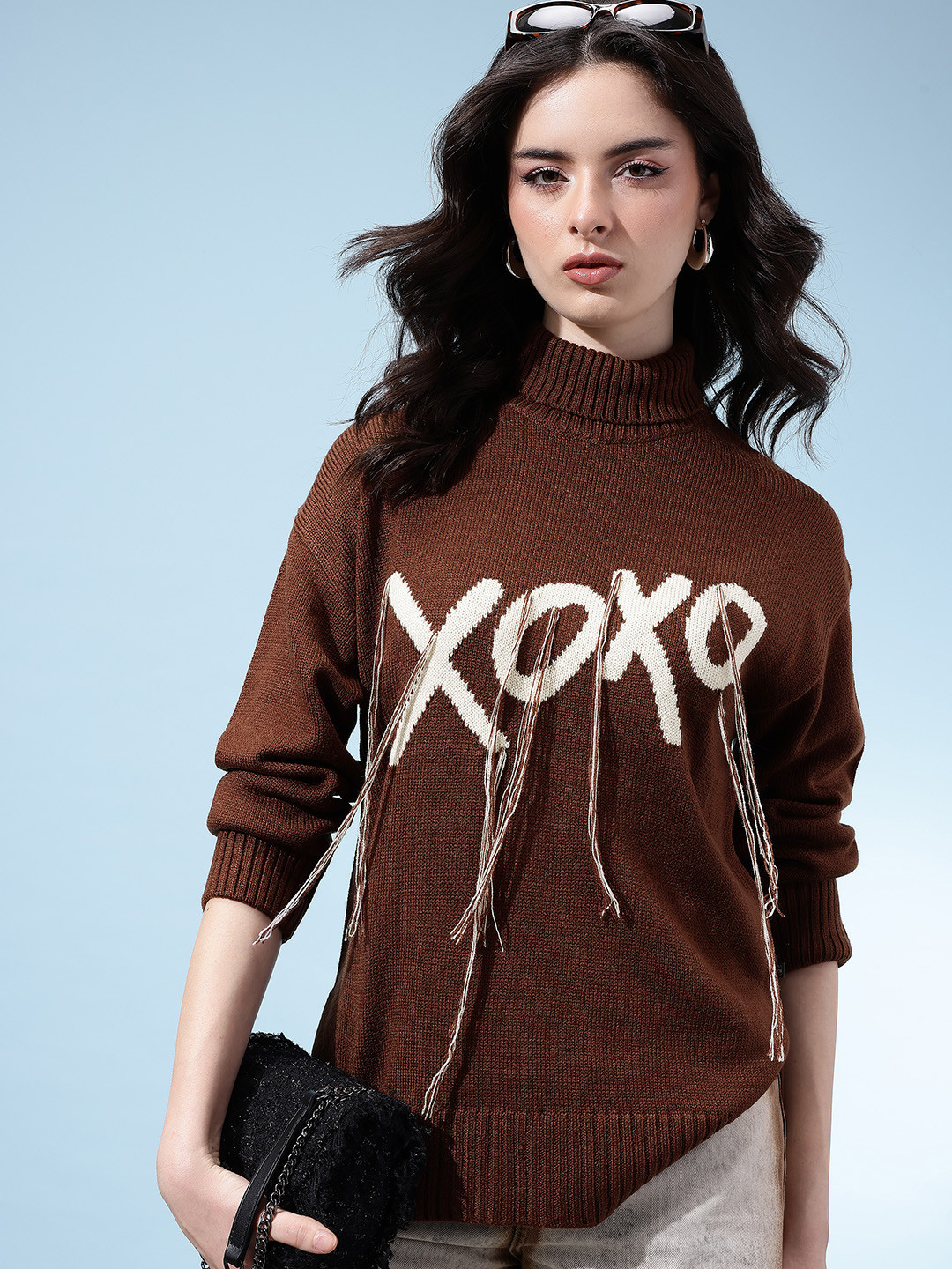glitchez Typography Self-Design Turtle Neck Drop-Sleeves Acrylic Relaxed Fit Pullover