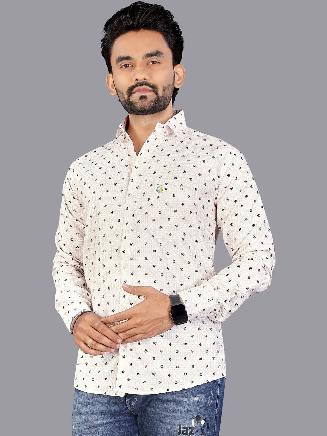 ISUEL FAB Men Cream Cotton Spread Collar Long Sleeves Casual Wear Shirt