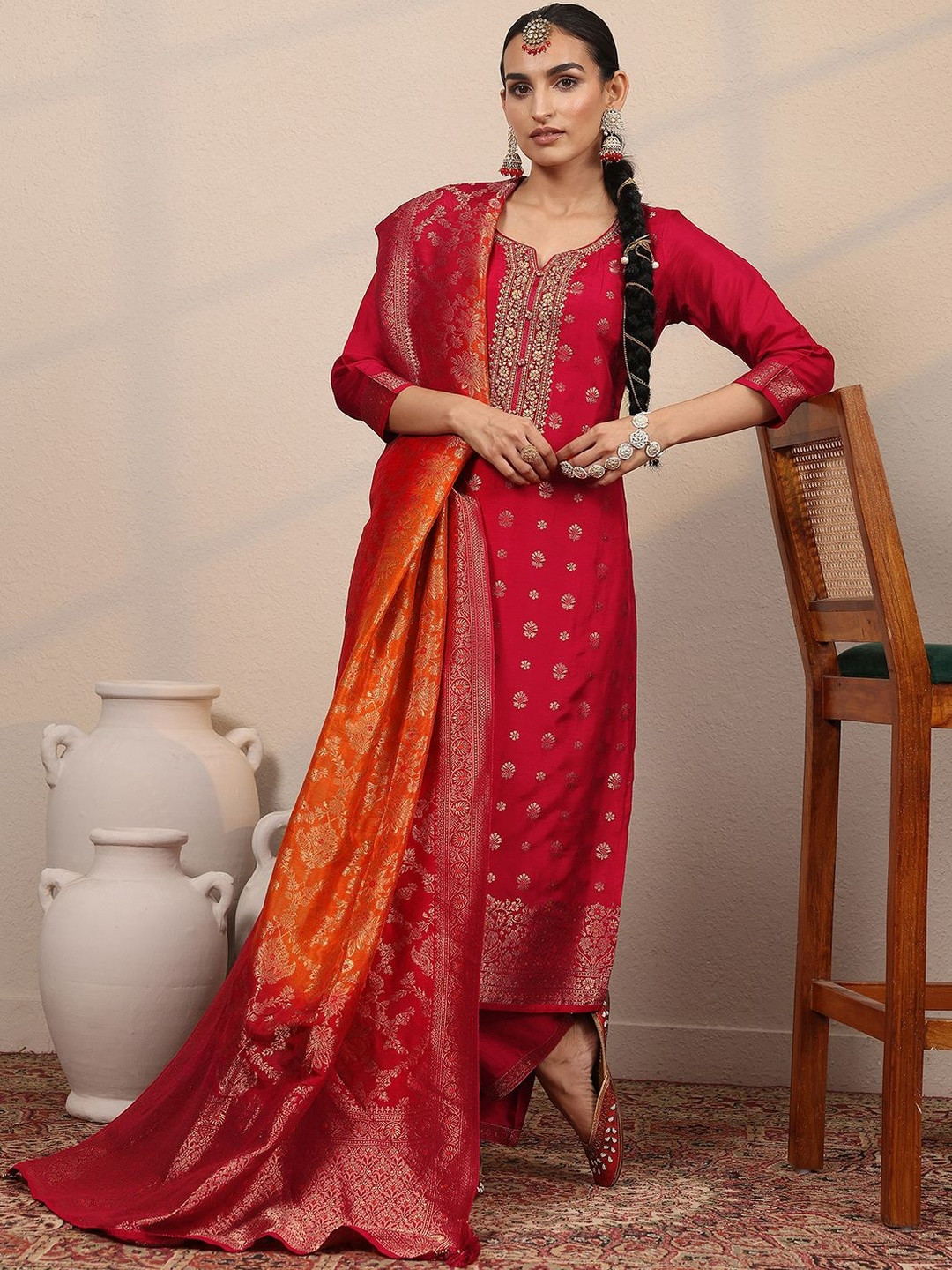 Libas Art Woven Design A-Line Notch Neck Kurta With Trouser And Dupatta