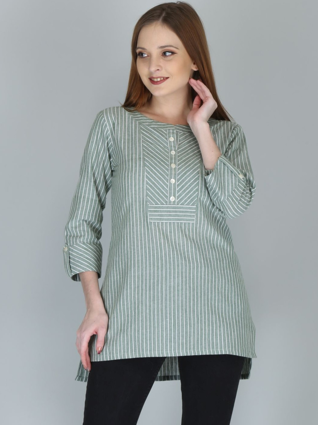 HERE&NOW Women Cotton Yarn Dyed Stripes Straight Top