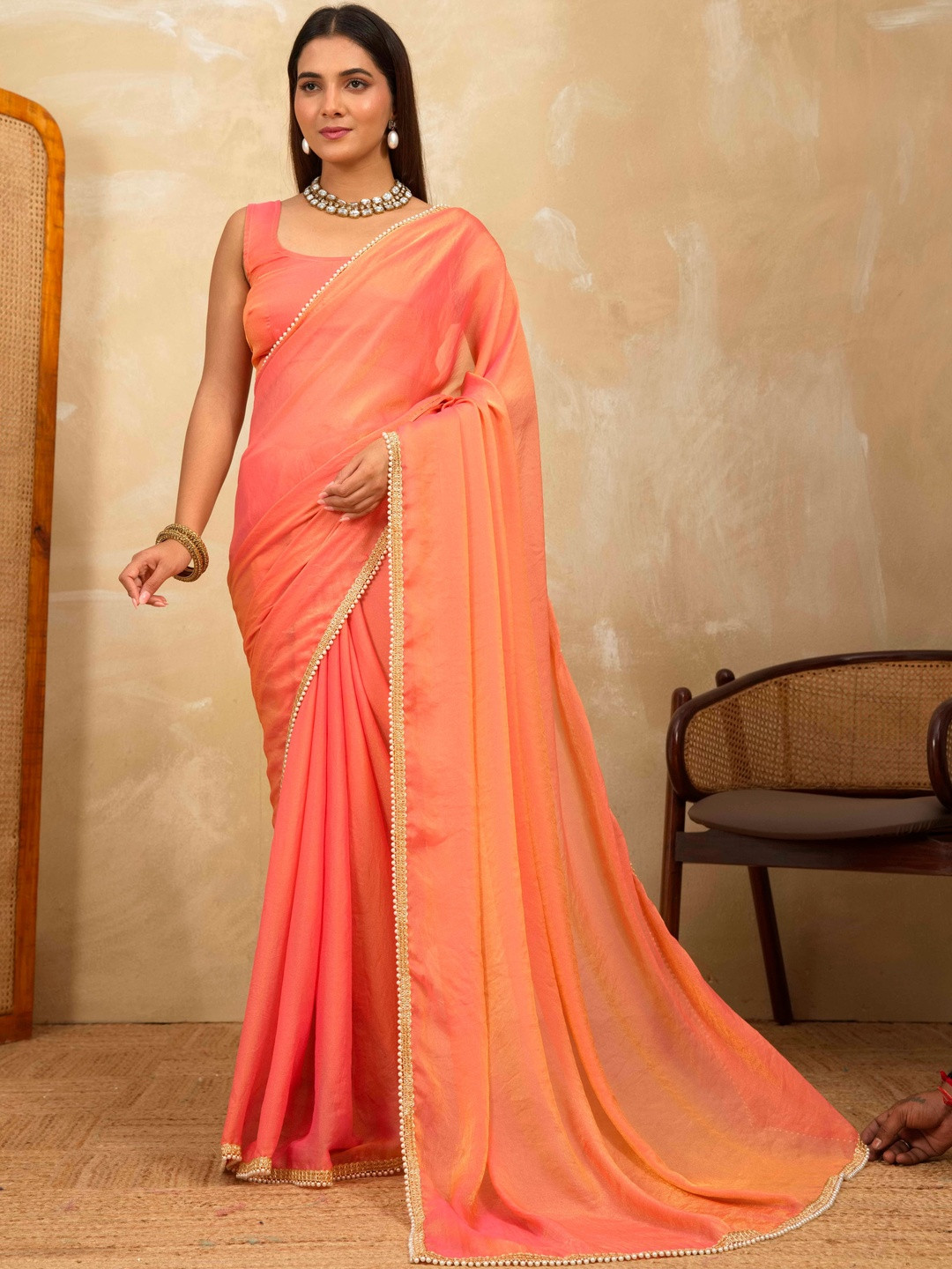 HOUSE OF MIRA Satin Fusion Silk Saree with Unstitched Blouse