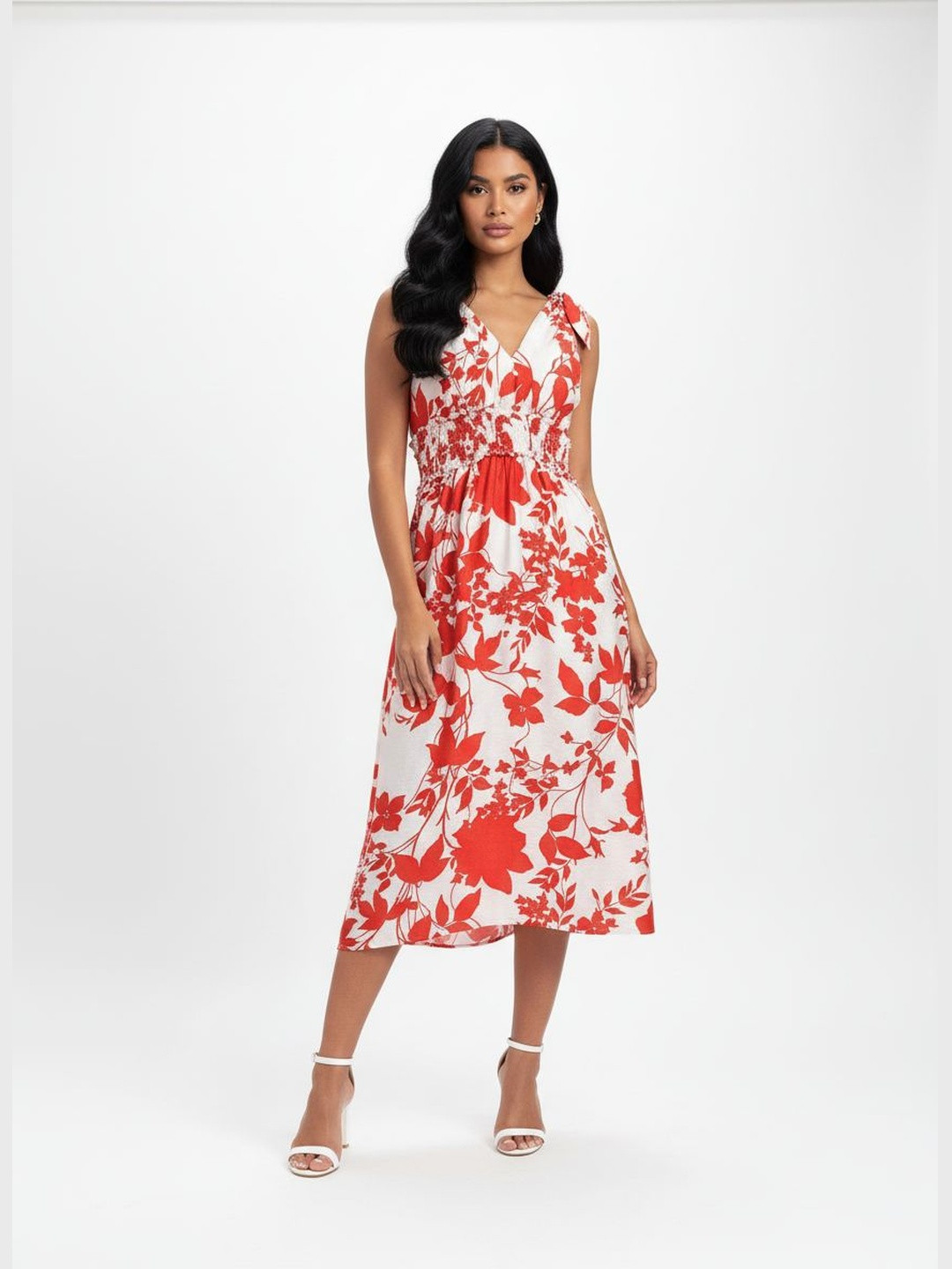 DressBerry Floral Print Smocked Midi A-Line Dress