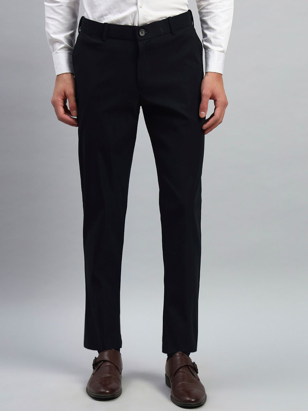 AXNIS Men Solid Slim Fit Wrinkle-Resistant Formal Trousers with Stretchable Waistband
