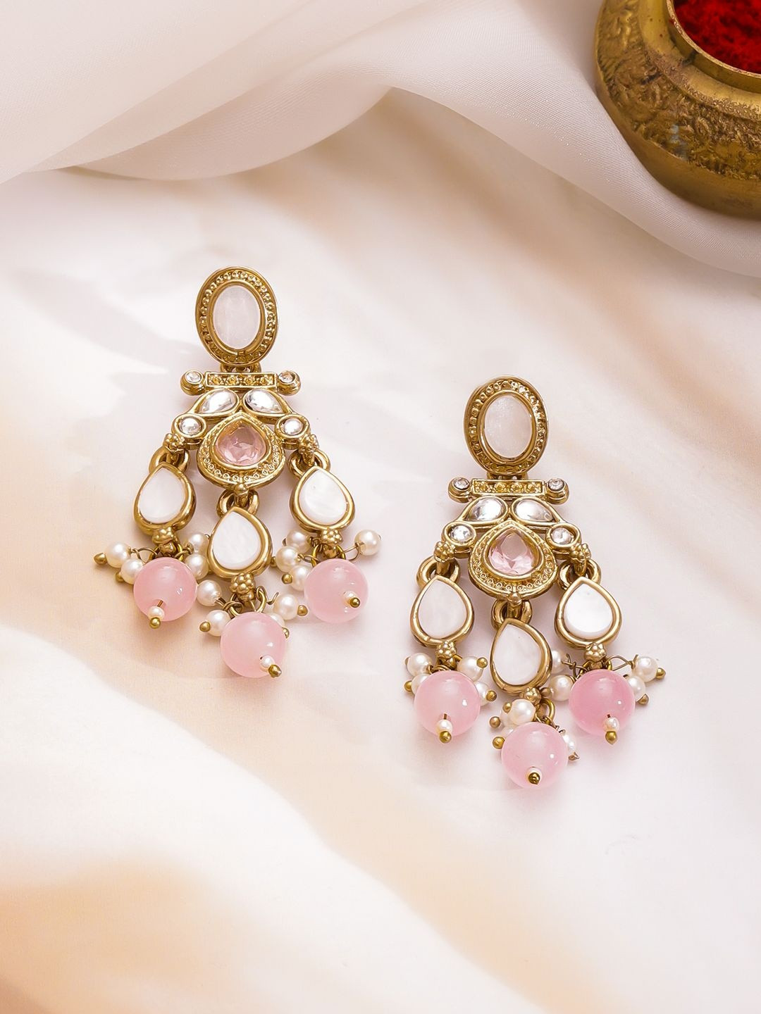 Rubans 22K Gold-Plated Cubic Zirconia & Kundan Studded Teardrop Shaped Drop Earrings