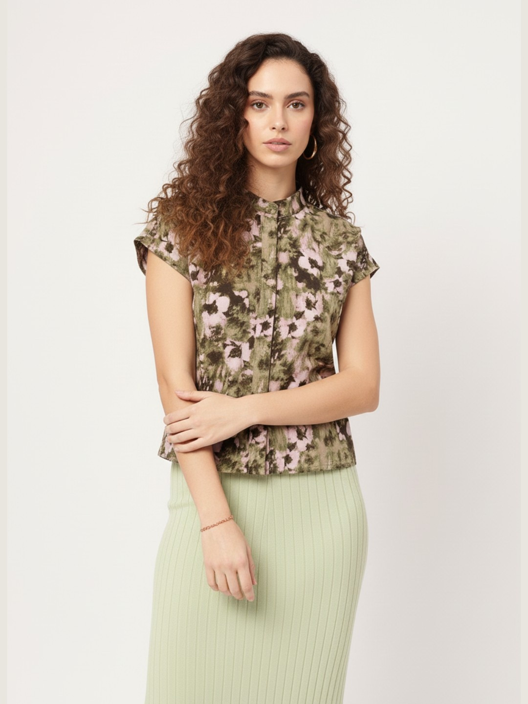 DressBerry Cozy Couture Printed Band Collar Shirt Style Top