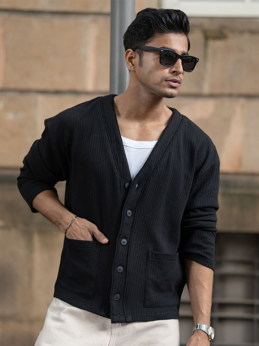Powerlook Men V-Neck Black Structured Knit Cardigan