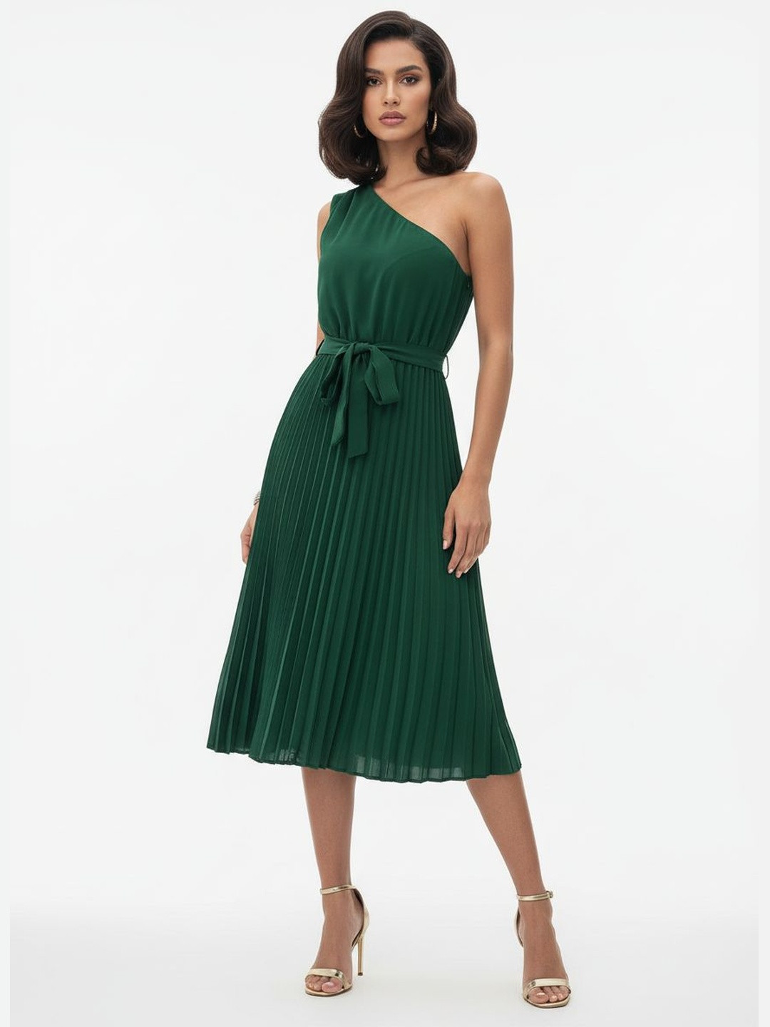 DressBerry Accordian Pleats One Shoulder A-Line Midi Dress with Belted Detail