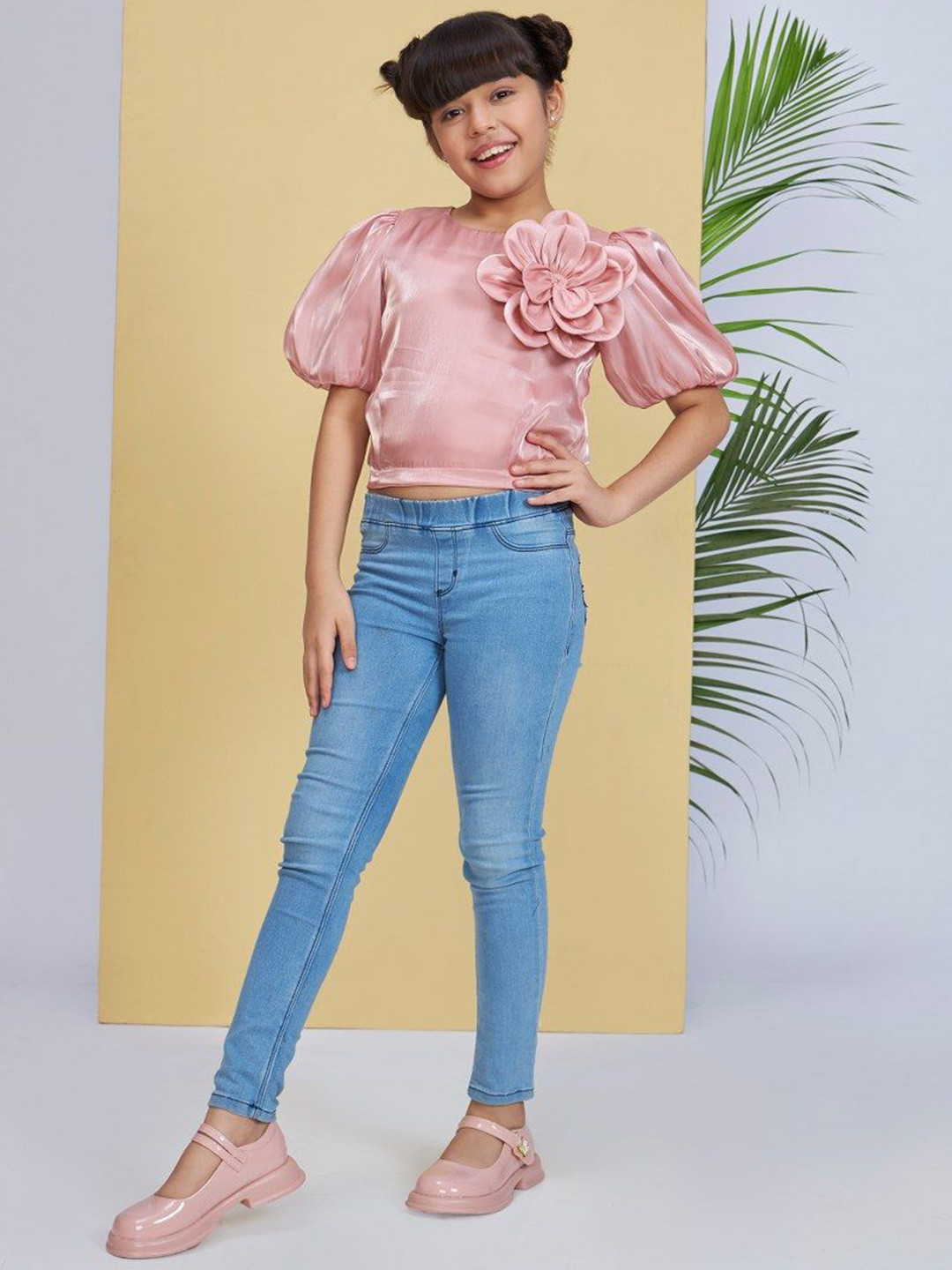 Peppermint One Shoulder Puff Sleeve Applique Blouson Top