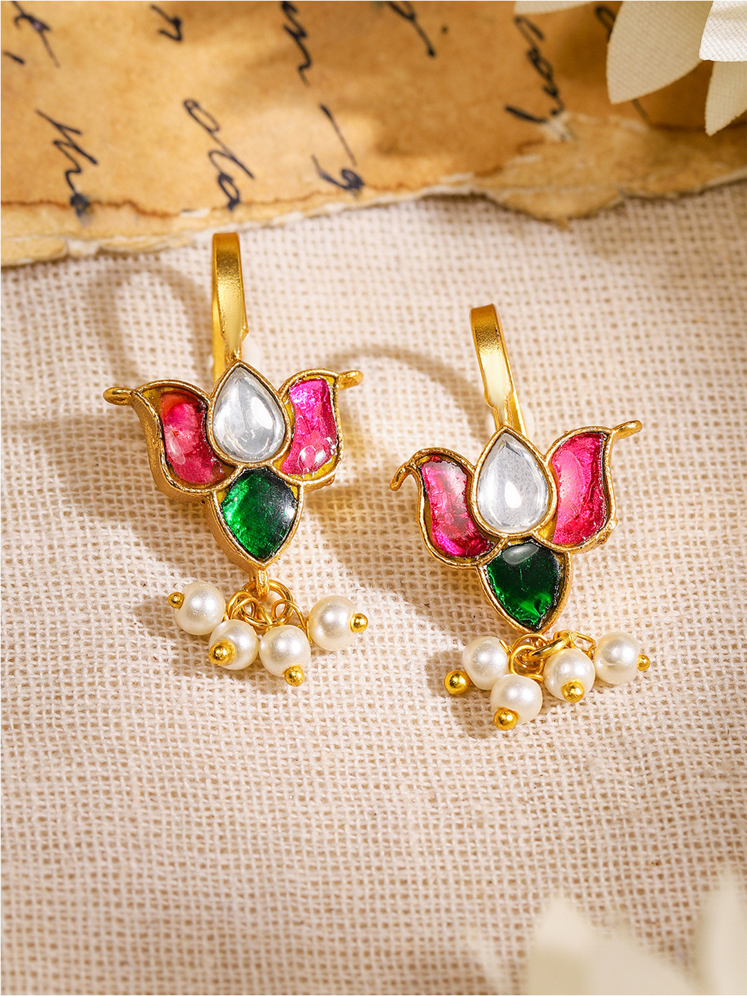 Rubans 22K Gold-Plated Ruby, Emerald & Kundan Lotus Motif Minimal Ear Cuff with Pearl Drop