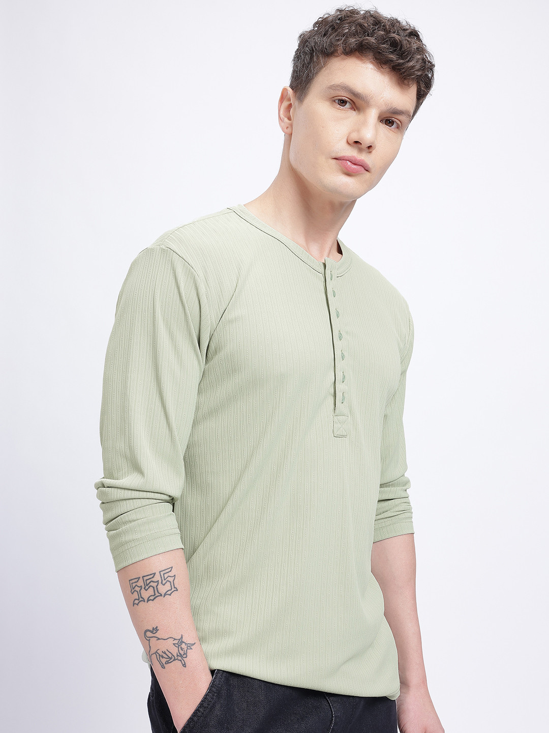glitchez Sage Green Self Striped Henley Neck T-shirt
