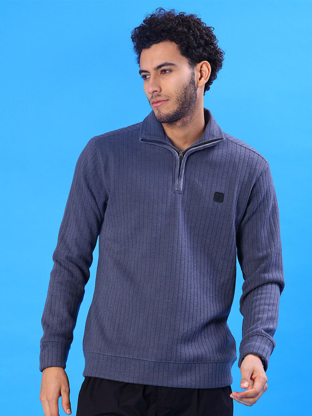 V-Mart Men Self Design Mock Neck Full Sleeves Half Zipper Pullover Sweatshirt