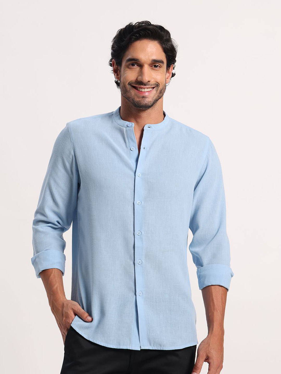 PANIT Men Classic Fit Solid Mandarin Collar Casual Shirt