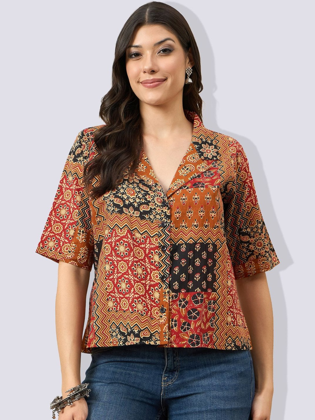VANSIRI Women Ethnic Motifs Printed Shirt Collar Cotton Top