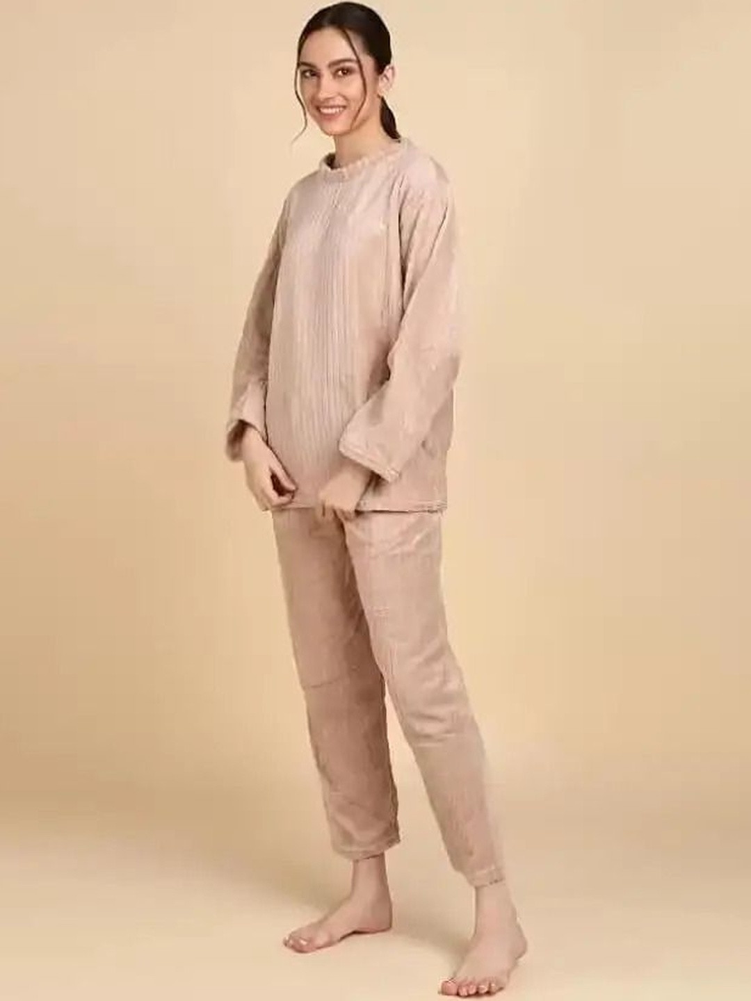 Stem Rope Striped Round Neck Long Sleeves Top With Pyjamas