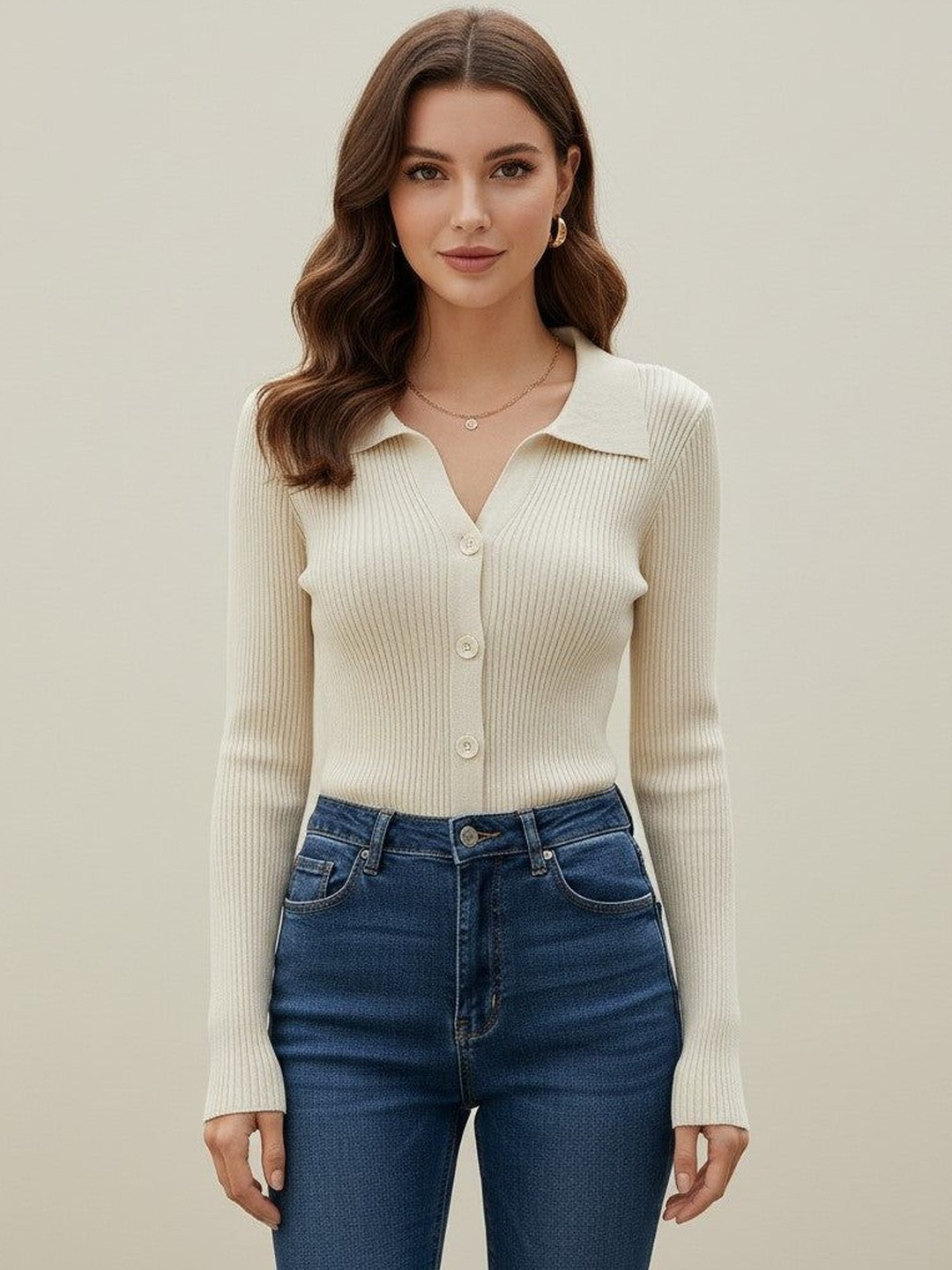 Outzidr Women Collared Full Sleeves Knit Top