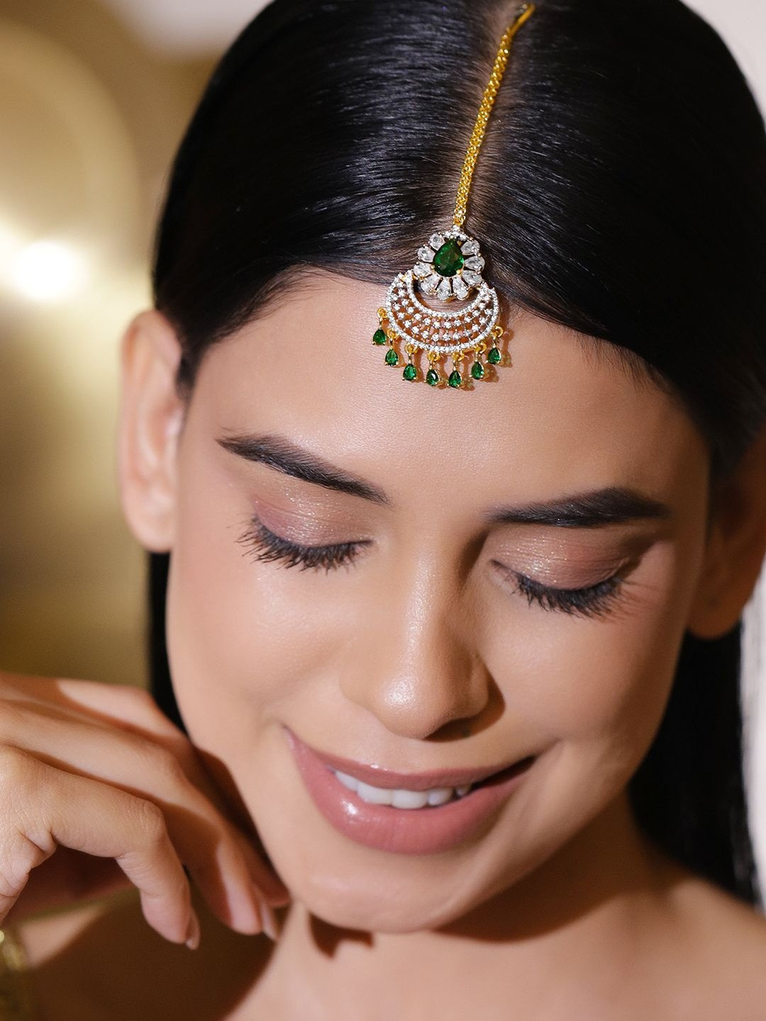 Rubans 22K Gold-Plated Zircon Studded Teardrop Shaped Maang Tikka