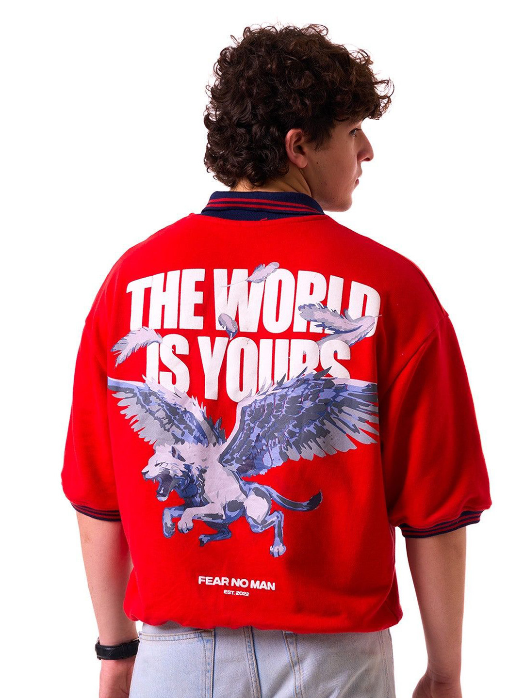 Fear No Man Men Moisture Wicking Typography Printed Polo Collar Cotton Oversized T-shirt