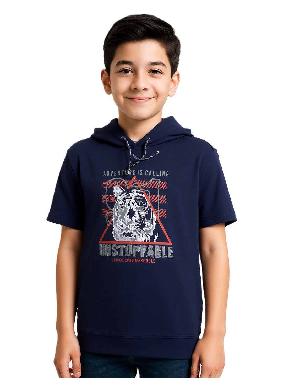 CAVIO Boys Navy Blue Printed Hooded T-shirt