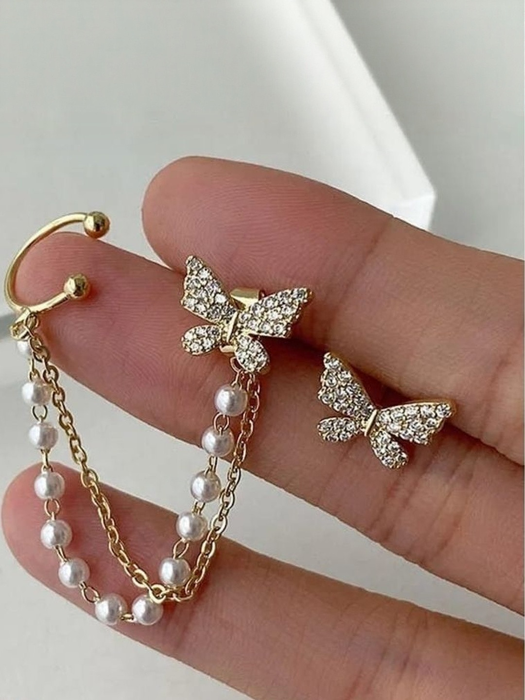Jewelfy Artificial Stones Studded And Pearls Beaded Butterfly Shaped Mismatching Ear Cuffs