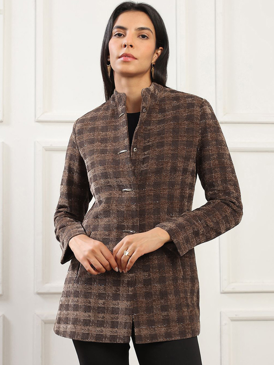 Globus Women Camel Brown Mock Collar Long Sleeves Self Checkered Hip Length Overcoat
