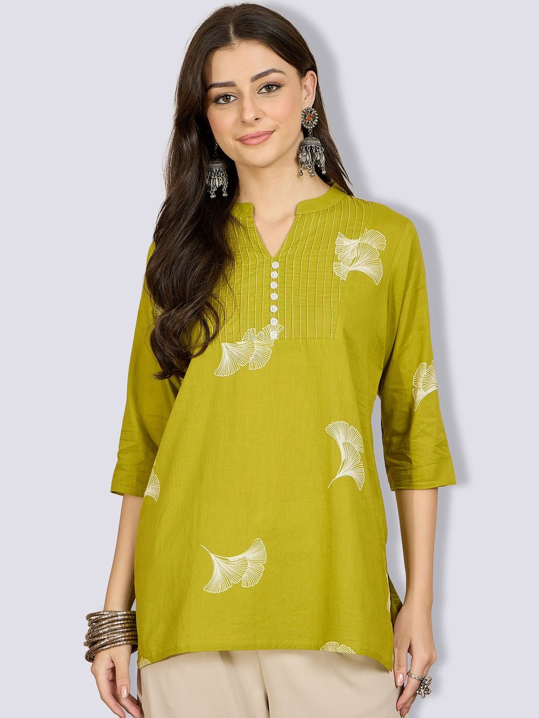 VANSIRI Leaf Printed Mandarin Collar Cotton Kurti Style Top
