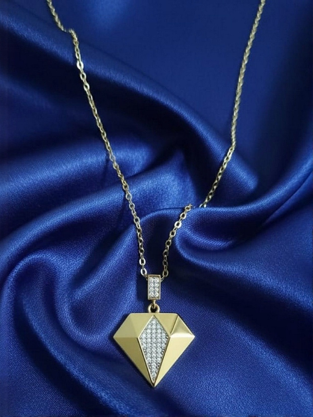 V FASHION JEWELLERY Stainless Steel CZ Studded Kite Diamond Shaped Pendant With Chain