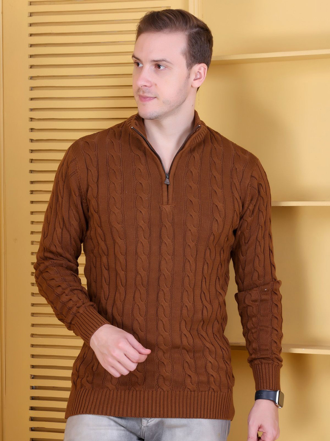 Dzant Men Solid Cable Knit Turtle Neck Long Sleeves Half Zipper Sweater Vest