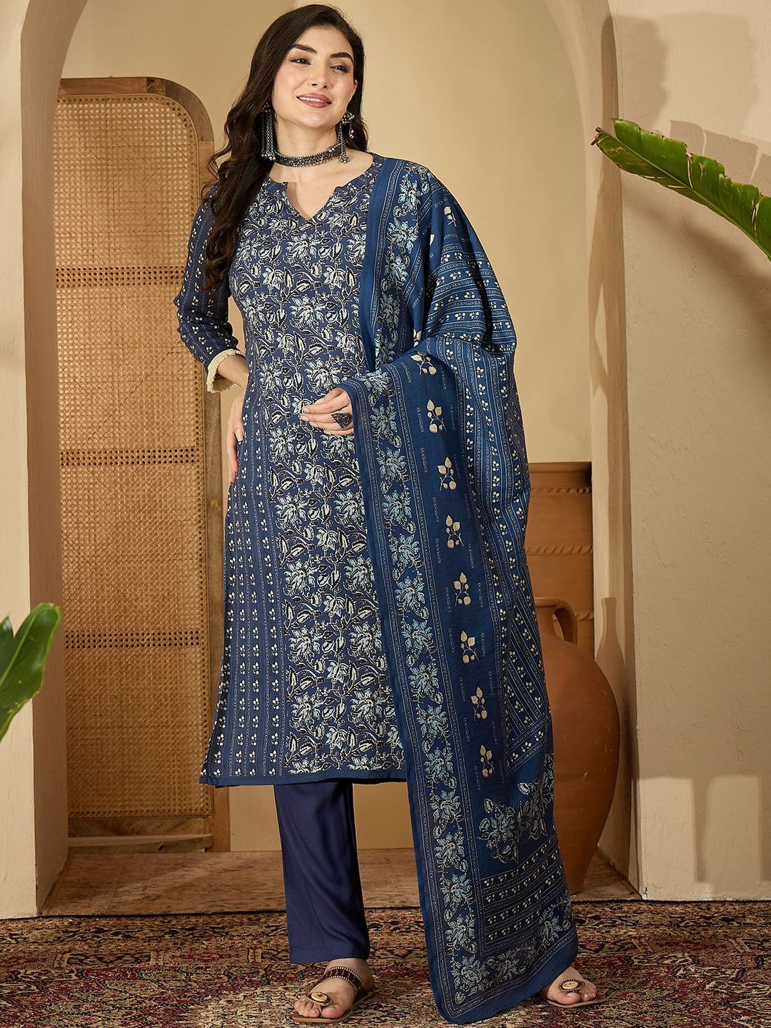 Sangria Floral Printed Straight Kurta with Trouser & Dupatta