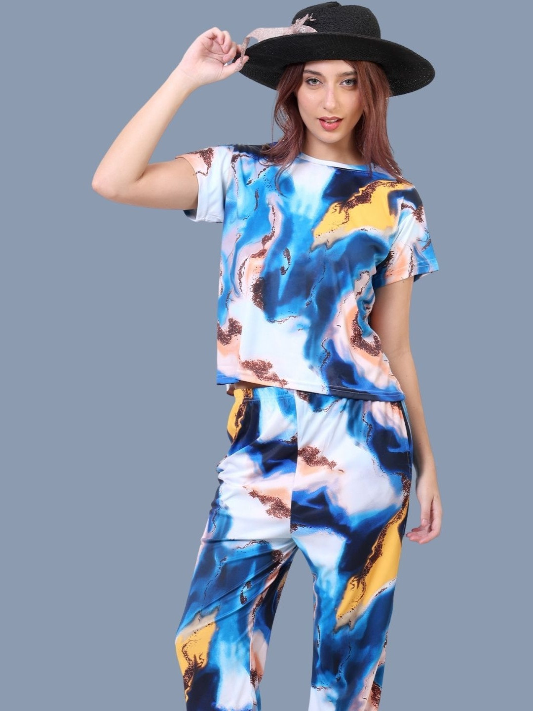Clothus Abstract Printed Round Neck Satin Night suits