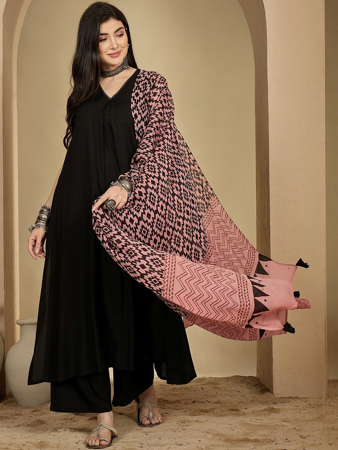 Anouk Mirage  V-Neck Sleeveless A-Line Kurta with Trousers & Dupatta