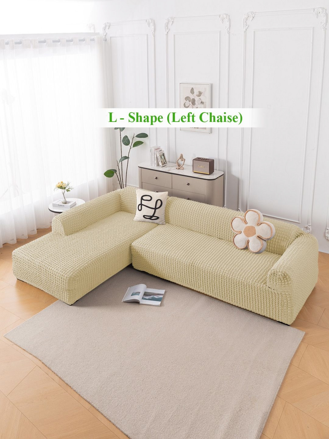 HOKIPO Beige 2 Pieces 280 GSM L Shape 6 Seater Anti Slip Sofa Cover With Arms