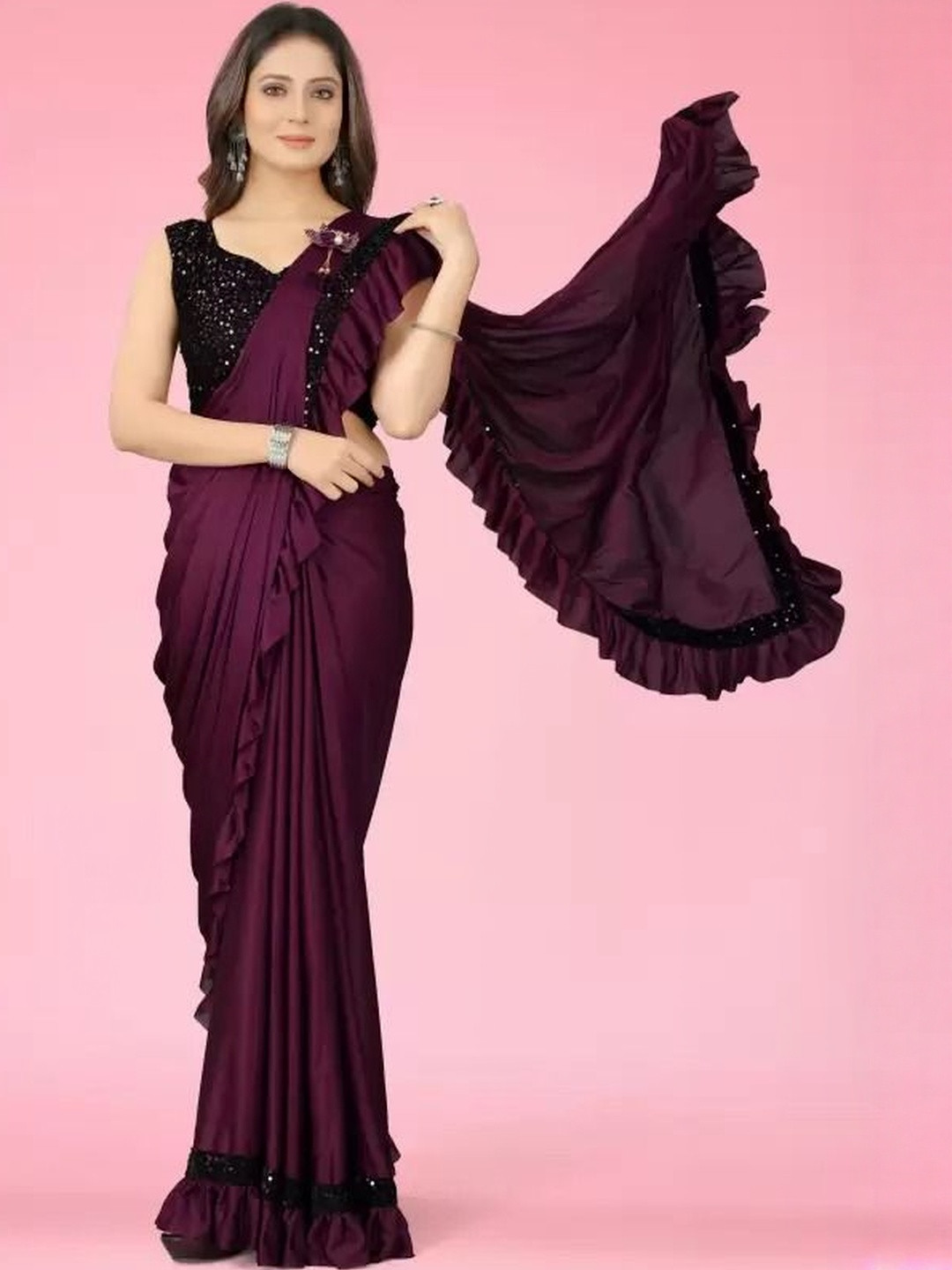 fashion field Sequinned Ruffles Ready to Wear Saree