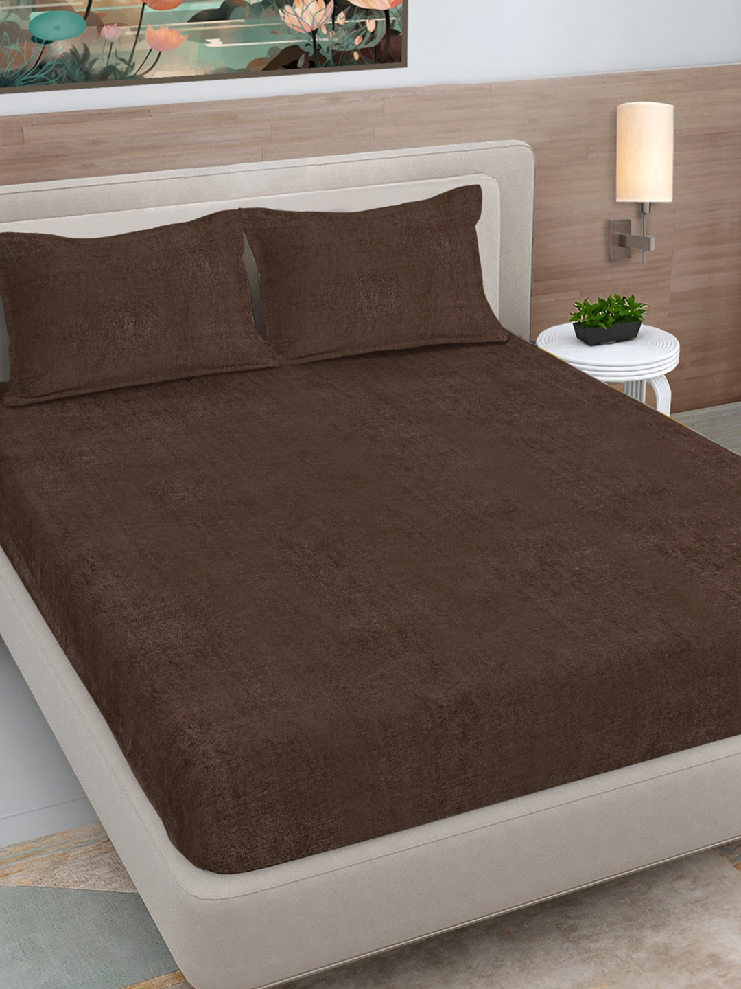 FABINALIV Embossed Brown Wool 300 TC Fitted King Fine Bedsheet with 2 Pillow Covers-98 x 89 inches