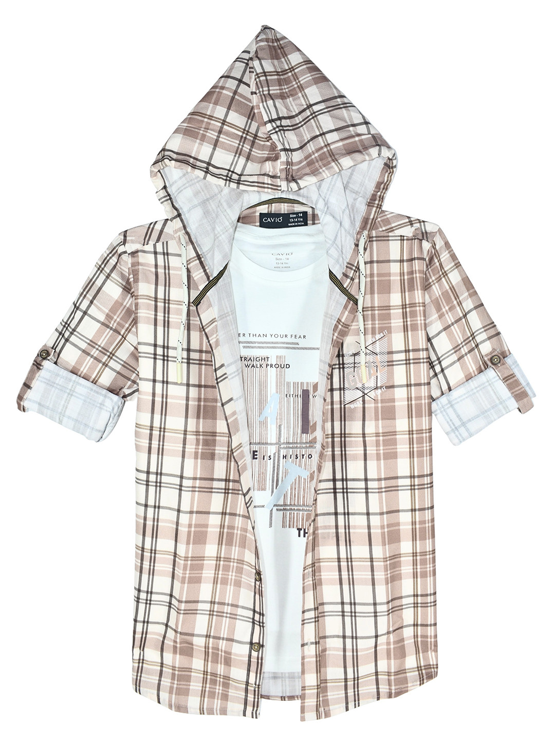 CAVIO Boys Smart Fit Hooded Tartan Checked Opaque Casual Shirt With A T-shirt