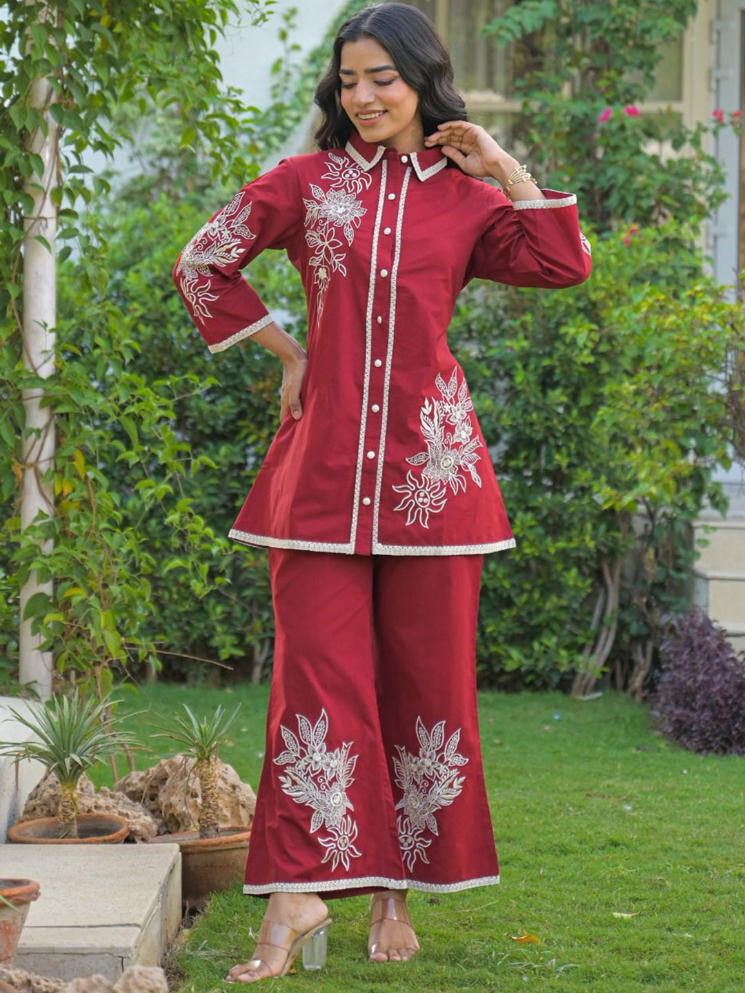 STYLESANG Embroidered Cotton Tunic With Trousers Co-Ords
