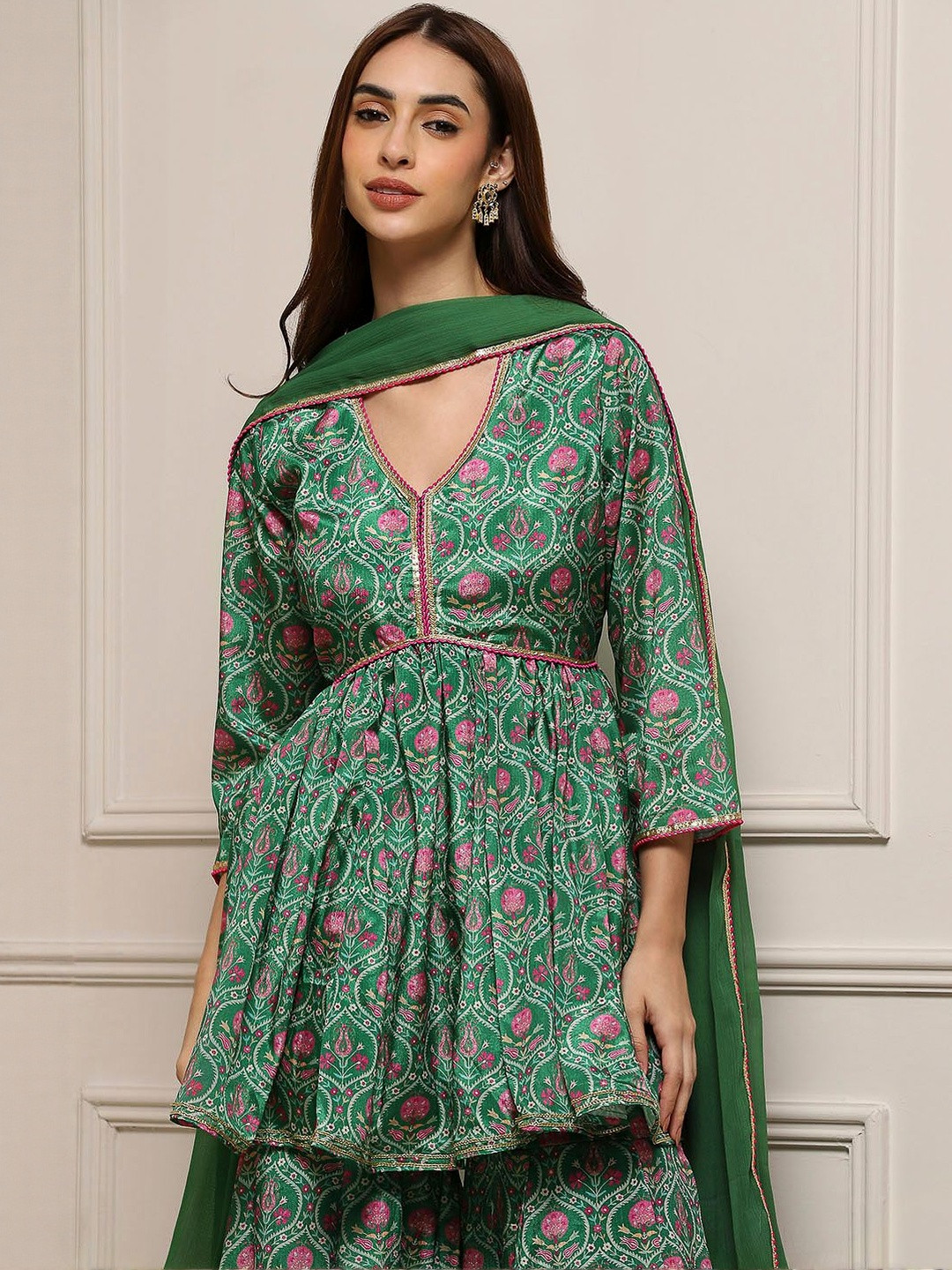 Biba Women Ethnic Motifs Printed Empire Kurti with Sharara & With Dupatta Kurta Sets