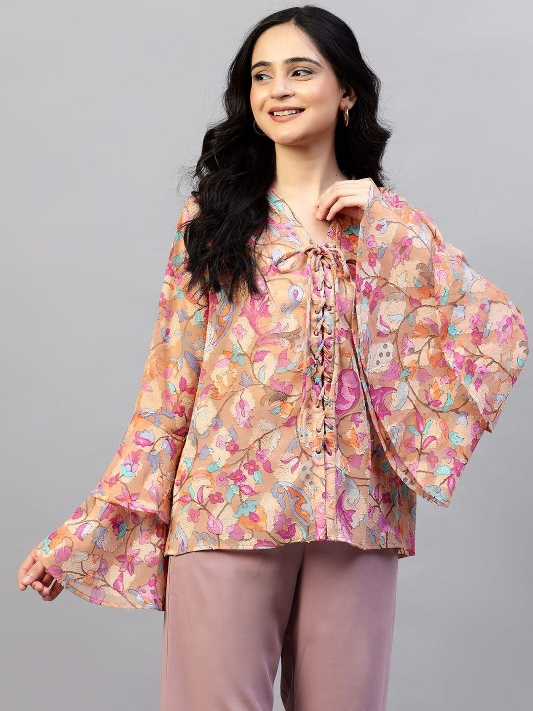 ZARVEY Women Floral Printed Bell Sleeve Ruffles Top