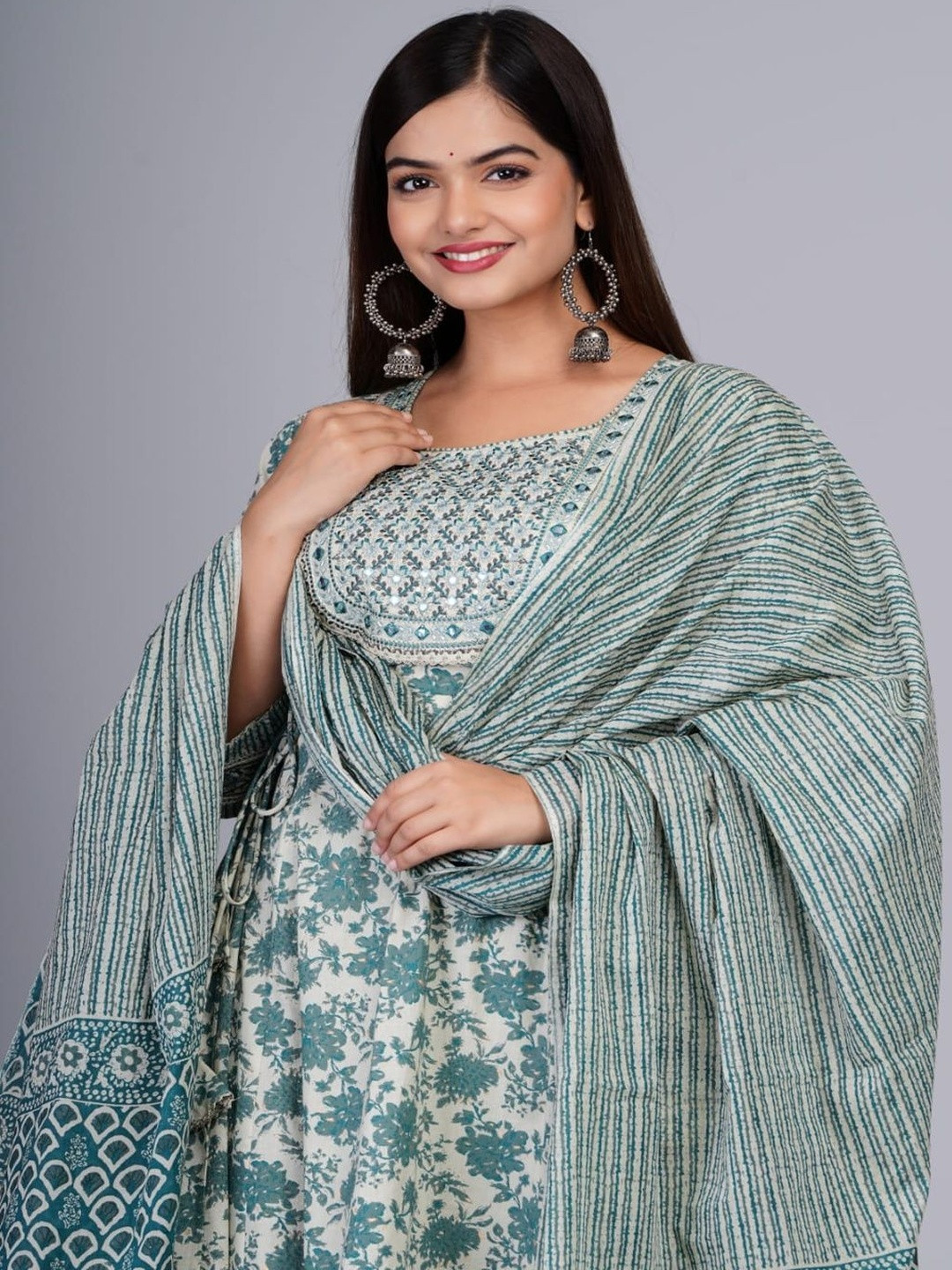 NEW ICON COLLECTION Floral Printed Mirror Work Pure Cotton Kurta With Trouser & Dupatta