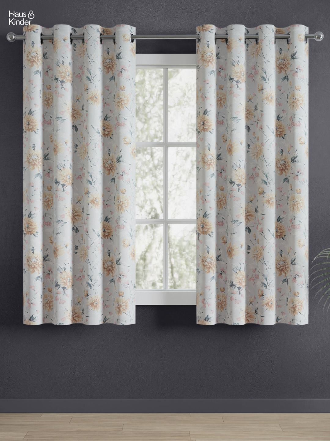 haus & kinder Grey & Pink 2 Pieces Floral Black Out Window Curtain