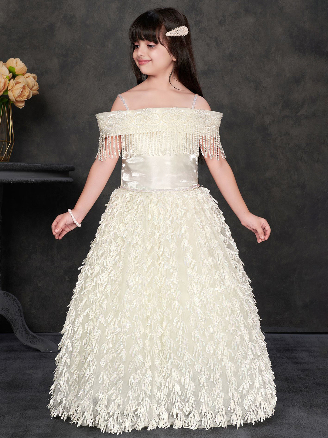 Lagorii Girls Embellished Self Design Off-Shoulder Party Wear Gown Maxi Dress