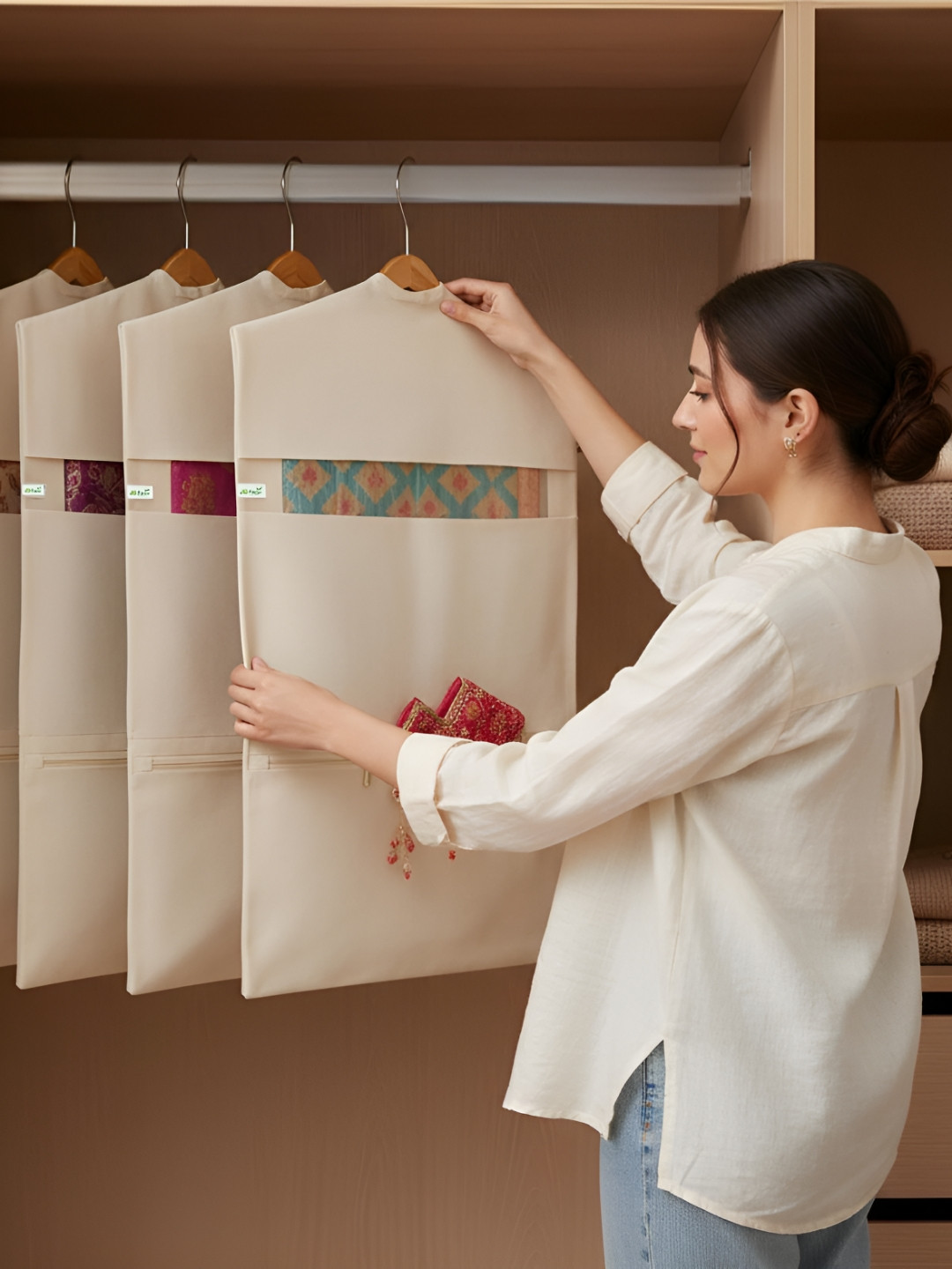 JD FRESH Off White & Transparent 4 Pieces Hanging Suit Organisers