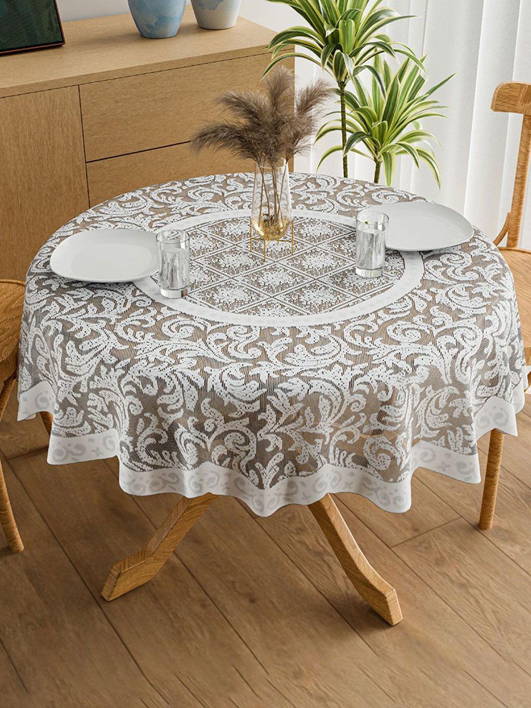 Kuber Industries Grey & White Ethnic Motifs Printed Cotton Net Round 4-Seater Table Cover