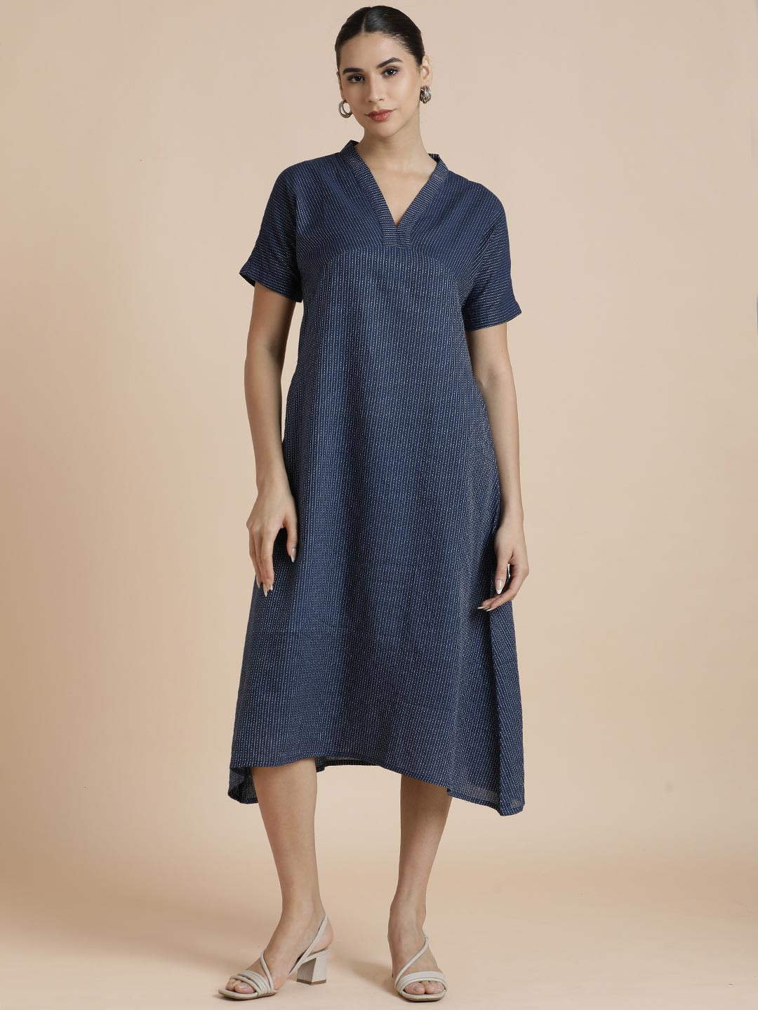 BLACK & BLAH BLAH Women V-Neck Striped A-Line Midi Dress