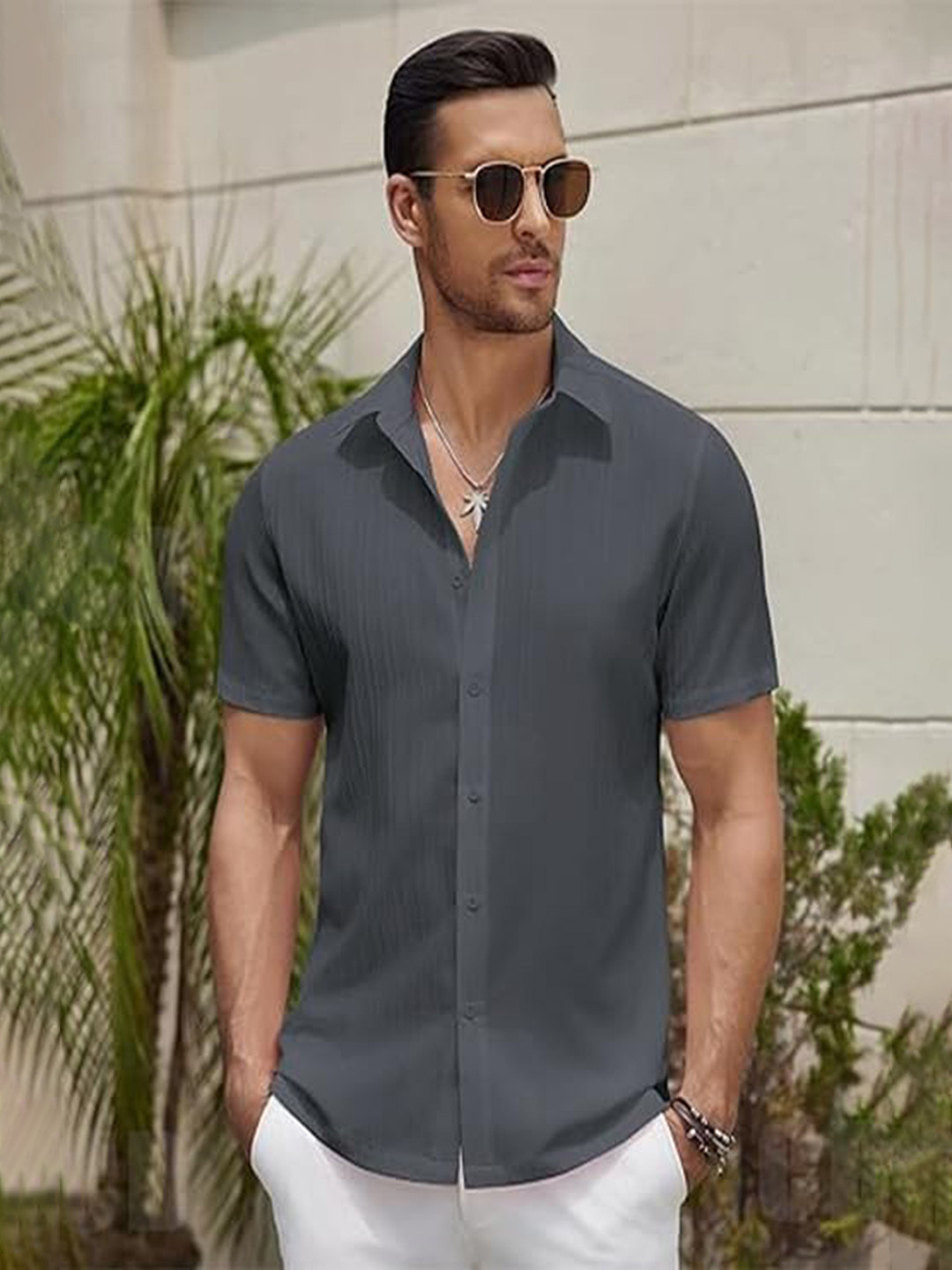 CB-COLEBROOK Men Textured Spread Collar Linen Casual Shirt