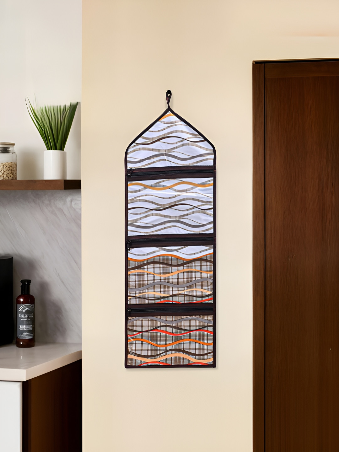 Aura Cream-Coloured & Brown Printed Hanging Magazine Organiser With 3 Pockets